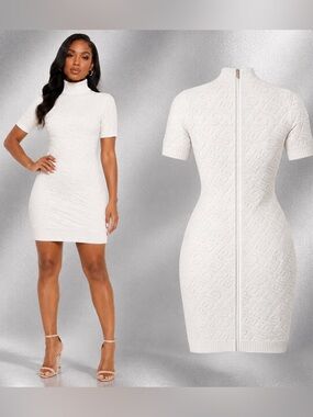 Fendi x SKIMS Ivory Embossed Knit Turtleneck Mini Dress | Bodycon | Luxe